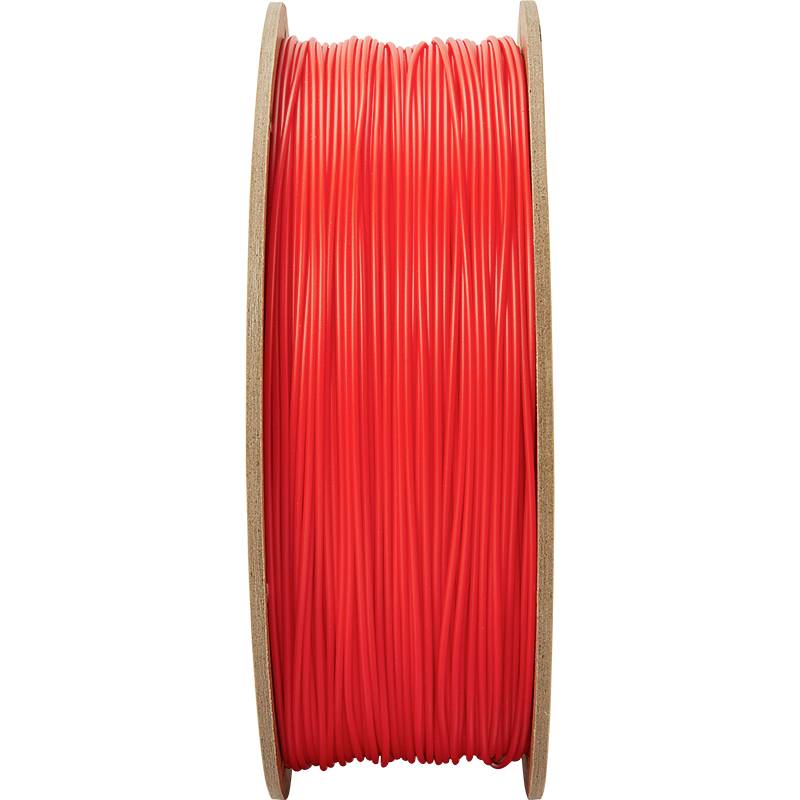 Un rotolo di filamento rosso per stampante 3D in plastica, avvolto su un supporto di legno.