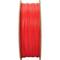 Un rotolo di filamento rosso per stampante 3D in plastica, avvolto su un supporto di legno.