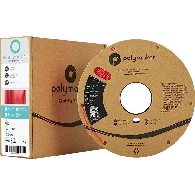 Filamento Polymaker per stampante 3D in rosso, PLA Pro, diametro 1,75 mm, bobina da 1 kg. Confezione e bobina visibili.
