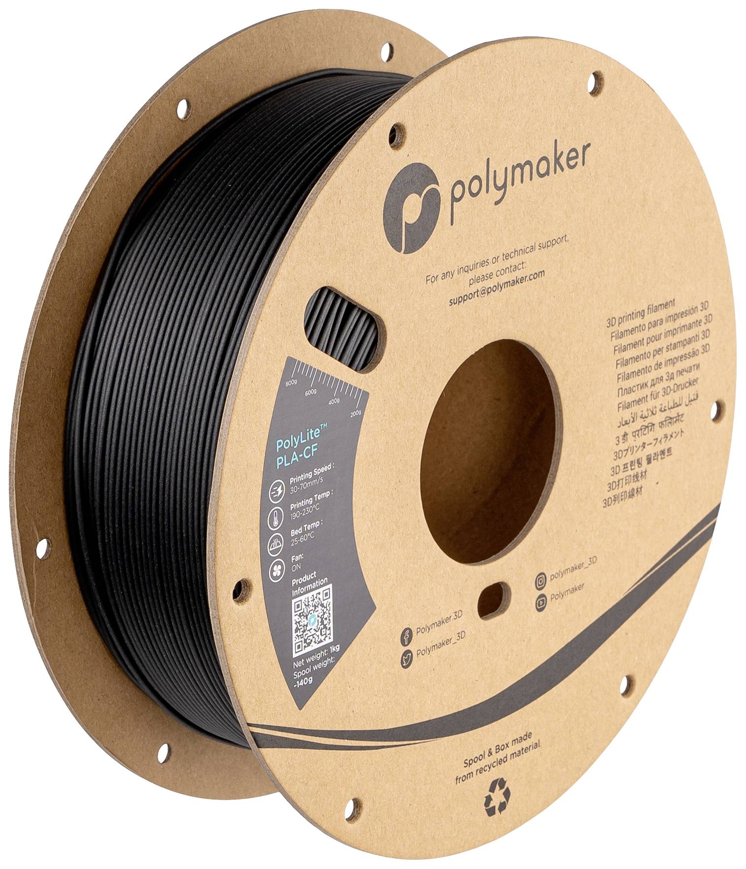 Rullo di filamento nero per stampa 3D di Polymaker, tipo PolyLite PLA-CF, su bobina di cartone marrone, con etichetta e codice QR.