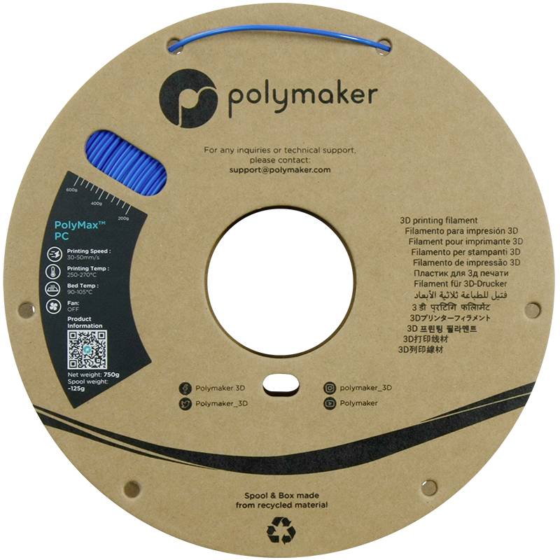 Filamento per stampa 3D 'PolyMax PC' di Polymaker. Bobina realizzata con materiale riciclato. Dettagli del prodotto e supporto tecnico indicati.