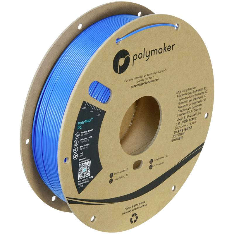 Rotolo di filamento blu per stampante 3D di Polymaker, su una bobina marrone. Adatto a numerose applicazioni di stampa 3D.