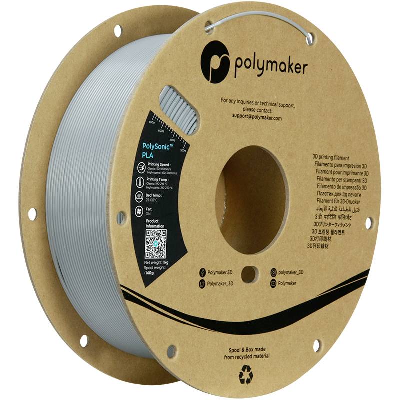 Rotolo di filamento PLA Polymaker per stampa 3D; realizzato principalmente da cartone riciclato; adatto a diversi progetti di stampa.