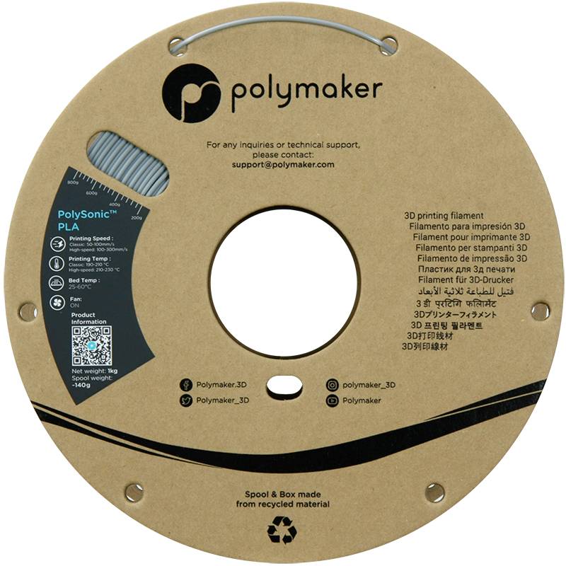 Rullo di filamento per stampante 3D 'Polymaker' realizzato con materiale riciclato. Contiene informazioni di contatto e un codice QR per ulteriori dettagli.