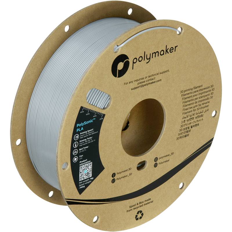 Bobina con filamento grigio per stampante 3D di Polymaker, materiale PLA. Sulla confezione sono visibili il logo del marchio e il codice QR.