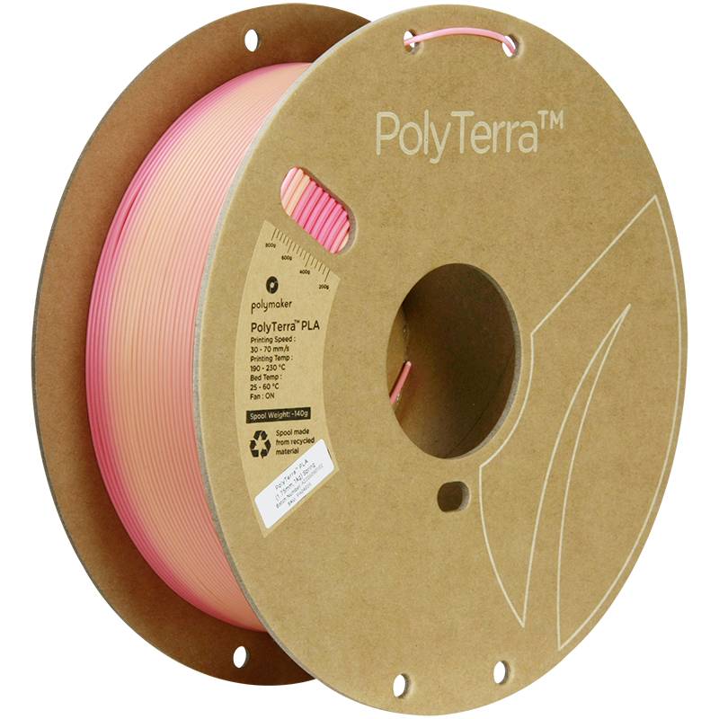 Bobina di filamento per stampante 3D in cartone riciclato con filo rosa, marchio 'PolyTerra'.
