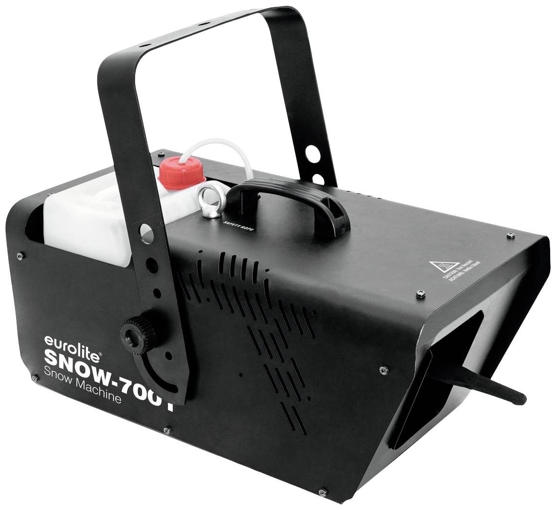 Macchina per la neve 'Eurolite Snow-700'. Involucro nero con impugnatura, serbatoio per liquido in alto. Utilizzata per produrre neve artificiale.