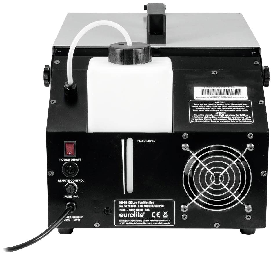 Macchina del fumo con involucro nero, serbatoio del liquido bianco e un ventilatore per l'uscita del fumo.