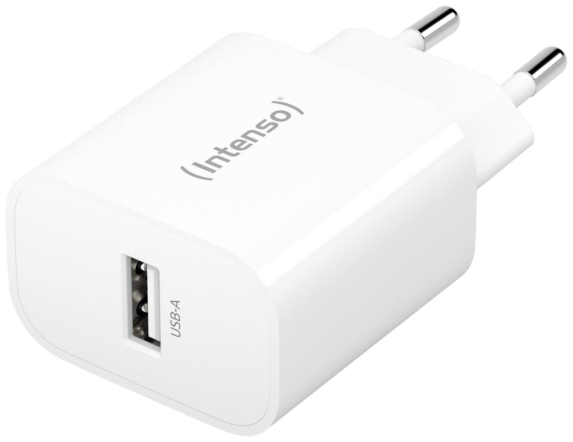 Caricabatterie USB bianco con spina EU di Intenso, che mostra l'apertura della porta USB-A.