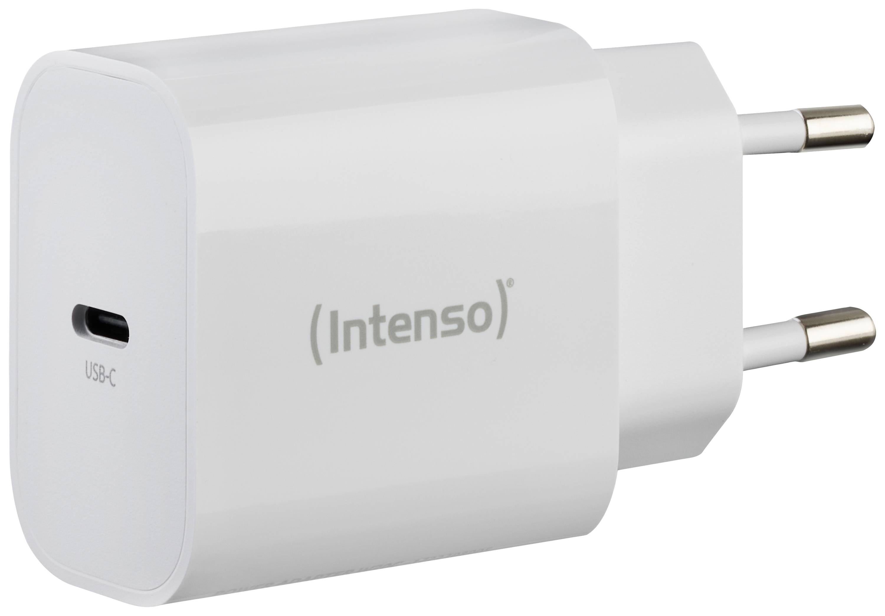 Un caricabatterie USB-C bianco di Intenso con due contatti metallici rotondi, adatto per prese elettriche europee.