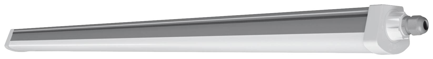 Tubo fluorescente a LED bianco su sfondo bianco. Adatto per l'illuminazione interna di uffici o laboratori.