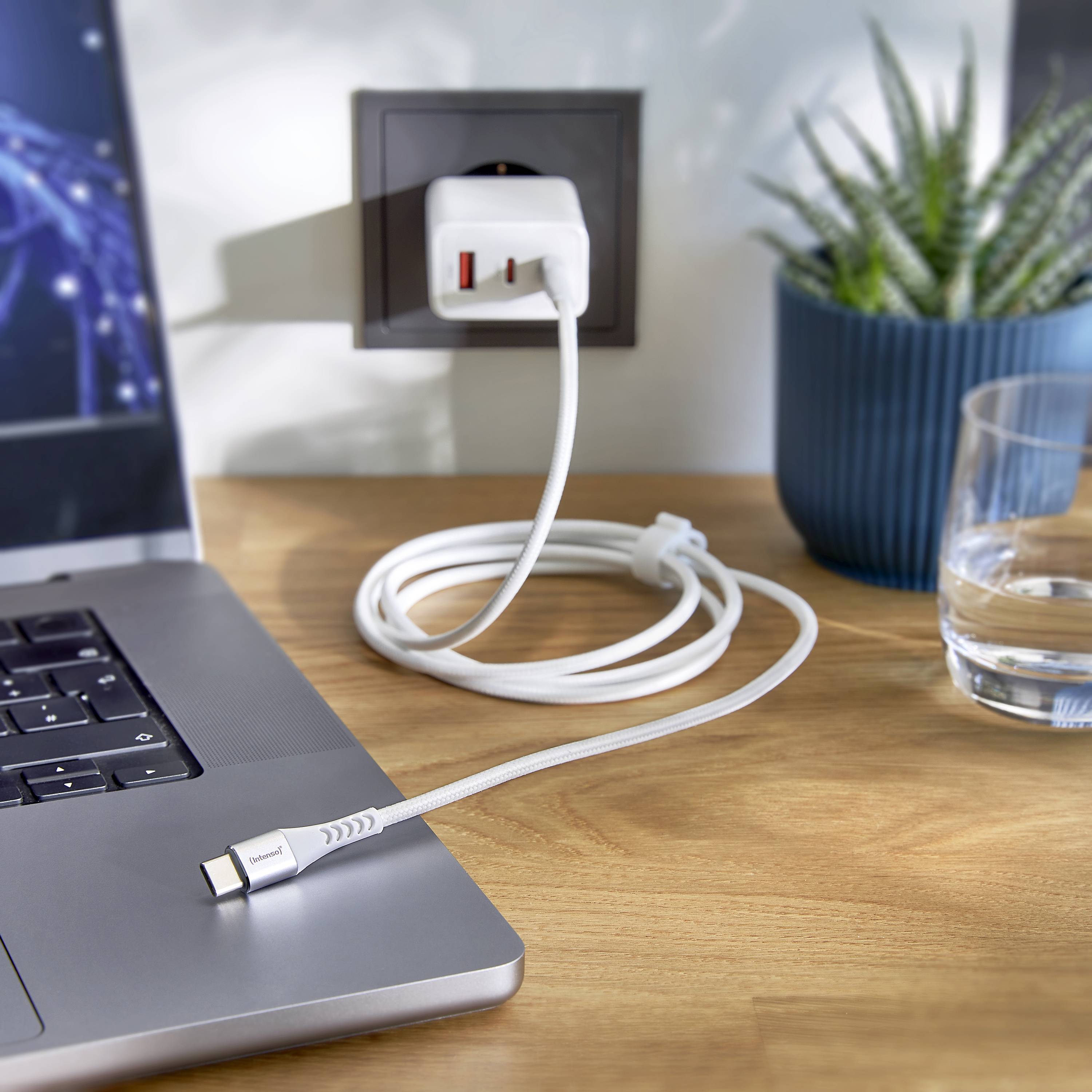 Un laptop è collegato a una presa elettrica tramite un cavo di ricarica. Sullo sfondo, una pianta è accanto a un bicchiere d'acqua su un tavolo.