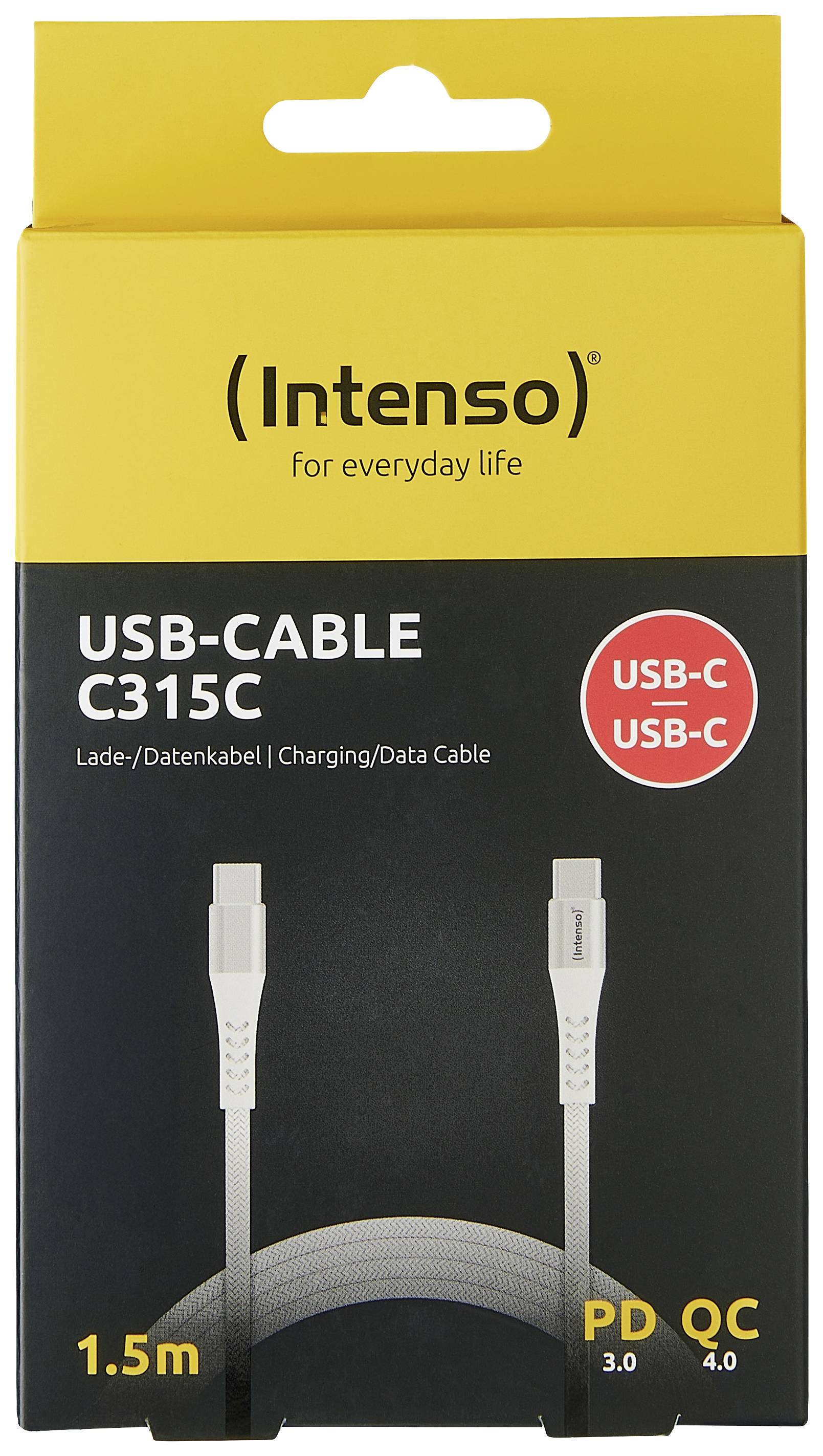 'Cavo USB-C C315C di Intenso, 1,5m, per ricarica e trasferimento dati, grigio. Supporta PD 3.0 e QC 4.0. Confezione gialla con immagine del prodotto.'