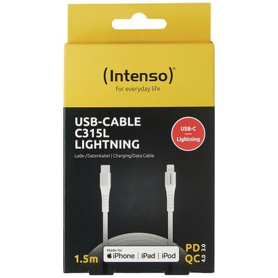 Confezione del cavo da USB-C a Lightning 'Intenso' che mostra un cavo di ricarica e dati da 1,5 m, compatibile con iPhone, iPad, iPod.