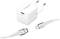 Alimentatore con porta USB-C e due cavi, uno con connettore USB-C e l'altro con connettore Lightning. Adatto per diversi dispositivi.