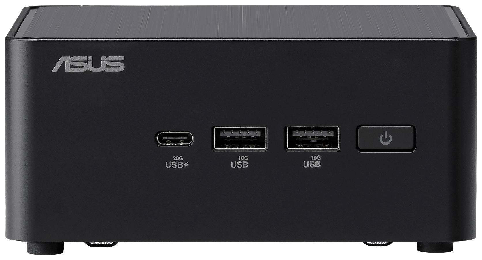 Computer desktop nero lucido con logo Asus, una porta USB-C, due porte USB e un interruttore di accensione anteriore.