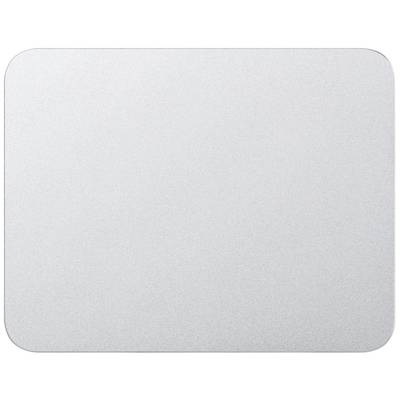Una superficie rettangolare in argento con angoli arrotondati che somiglia a un trackpad.