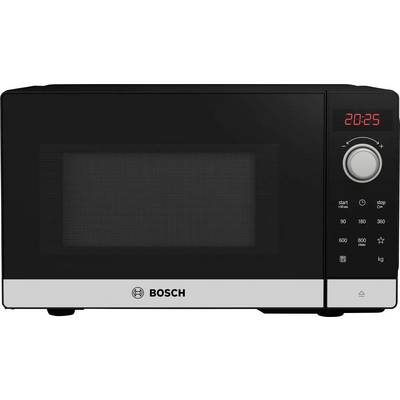 Forno a microonde nero Bosch con display digitale che mostra le 20:25. Manopola di regolazione e pulsanti di controllo a destra del display.
