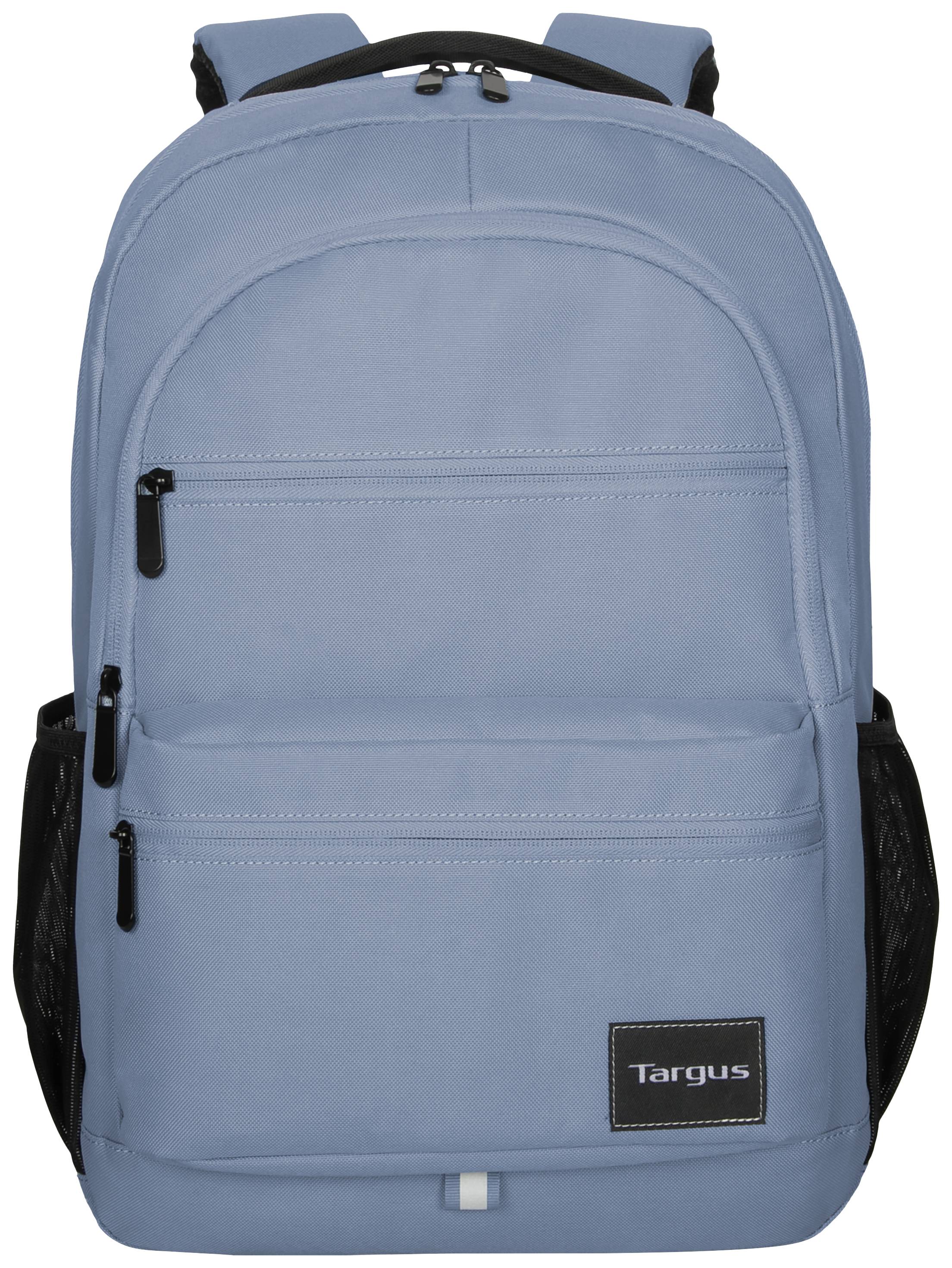 Uno zaino blu con diversi scomparti con cerniera, compresi due tasche laterali a rete, su uno sfondo bianco.