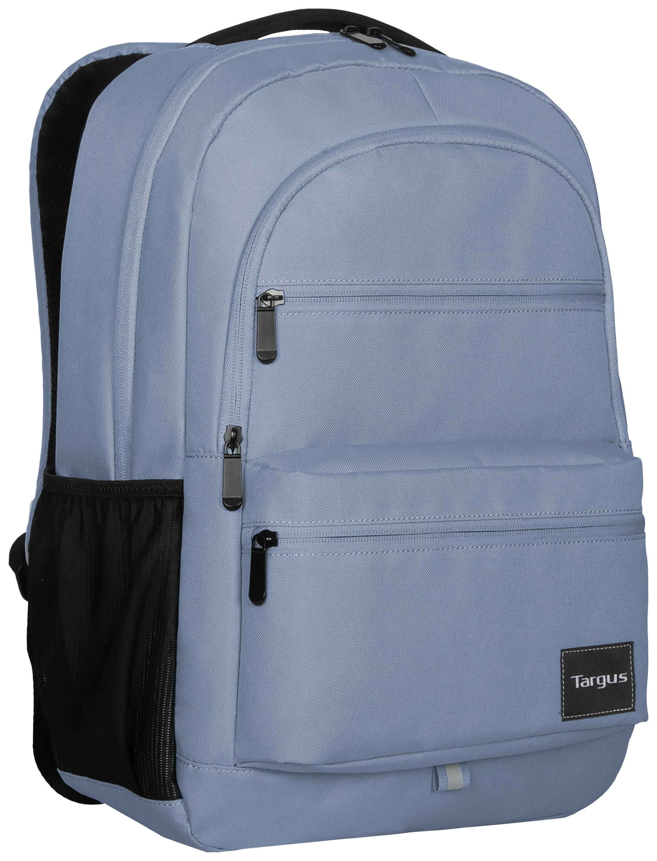 Zaino blu chiaro con più tasche esterne e cerniere, adatto all'uso quotidiano. Marchio 'Targus' visibile davanti.