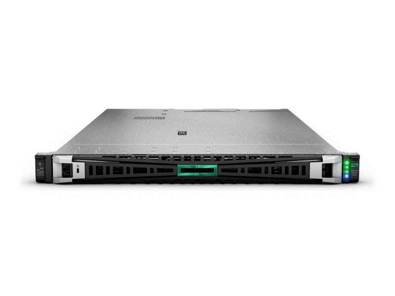 Un dispositivo server piatto con superficie metallica e indicatore luminoso verde, adatto per data center o infrastrutture IT.