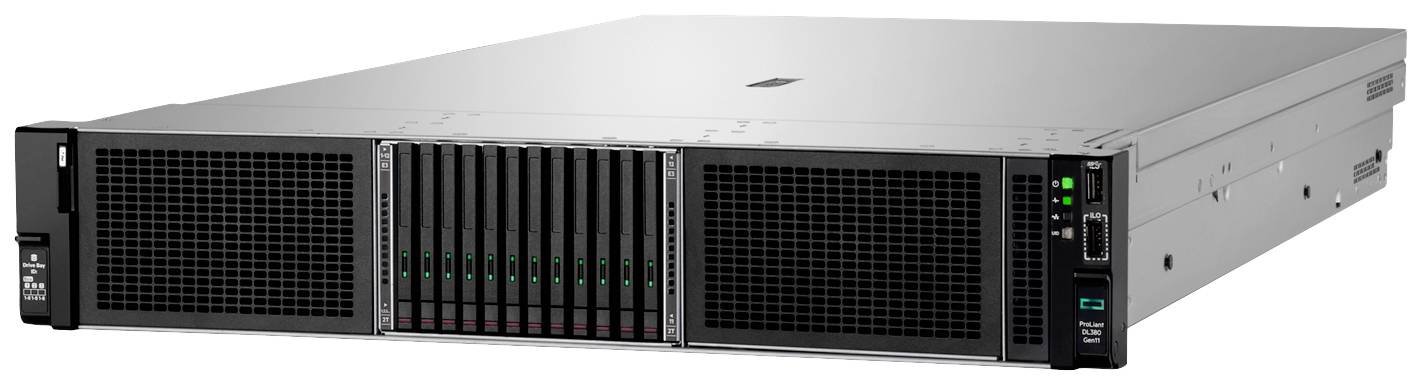Un dispositivo server in un alloggiamento, alto 2 unità rack, con ventola frontale e diversi vani per hard disk, che mostra indicatori luminosi.