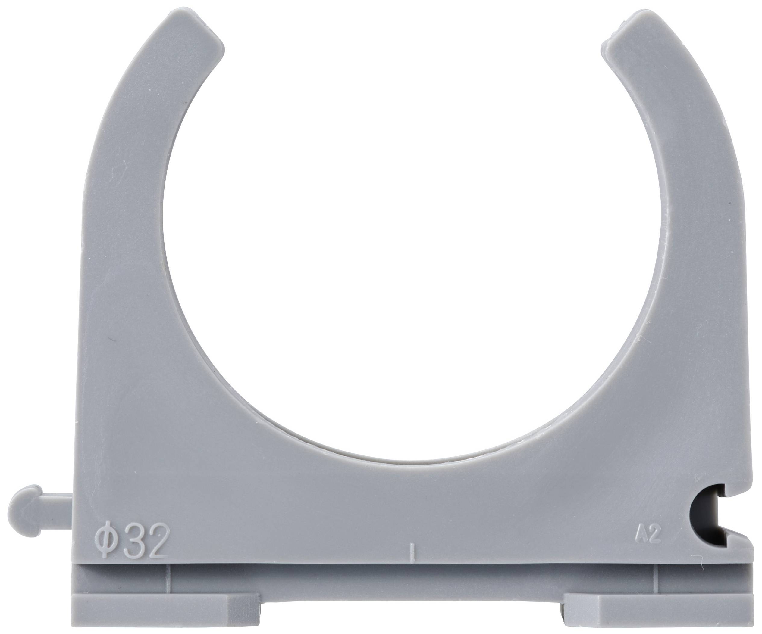Staffa di plastica grigia per tubi con diametro di 32 mm.