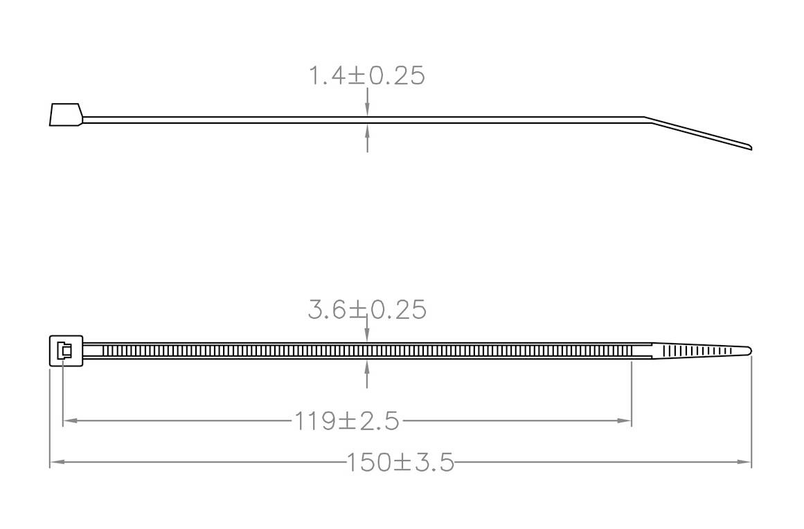 'Disegno di due fascette stringicavo. Vista superiore mostra il profilo con misure 1,4 ± 0,25. Vista inferiore mostra la lunghezza totale 150 ± 3,5 e la lunghezza del gambo 119 ± 2,5.'
