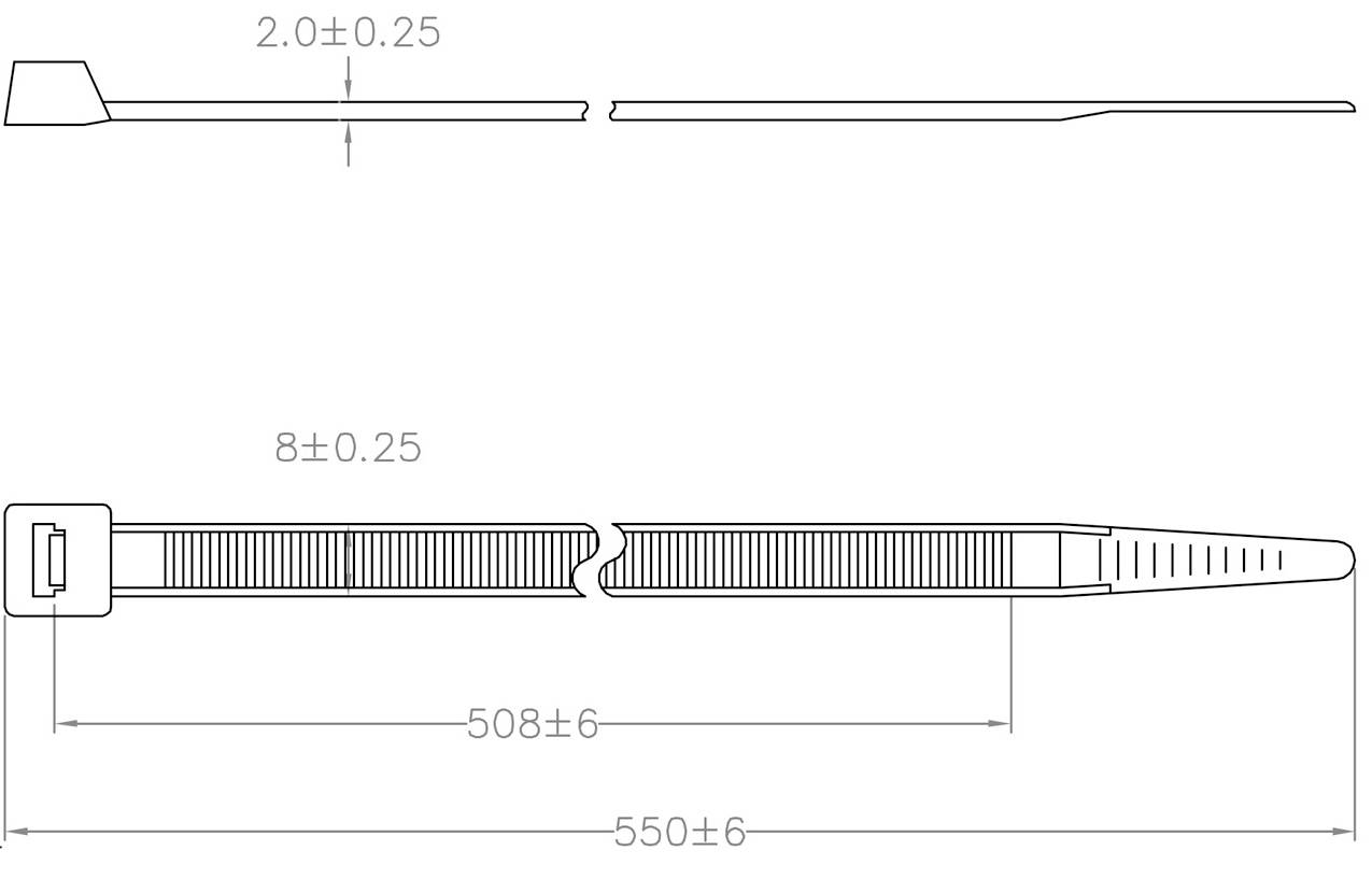 Disegno di un fascetta fermacavi con le seguenti dimensioni: lunghezza 550 mm, larghezza 8 mm, spessore 2 mm. Mostra indicazioni dimensionali precise.