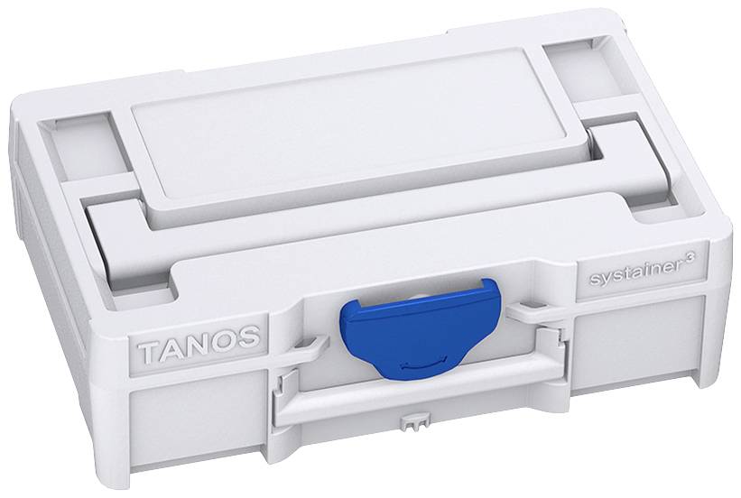 'Valigetta degli attrezzi bianca con manico blu, contrassegnata con "TANOS". Adatta per l'organizzazione e lo stoccaggio di utensili.'