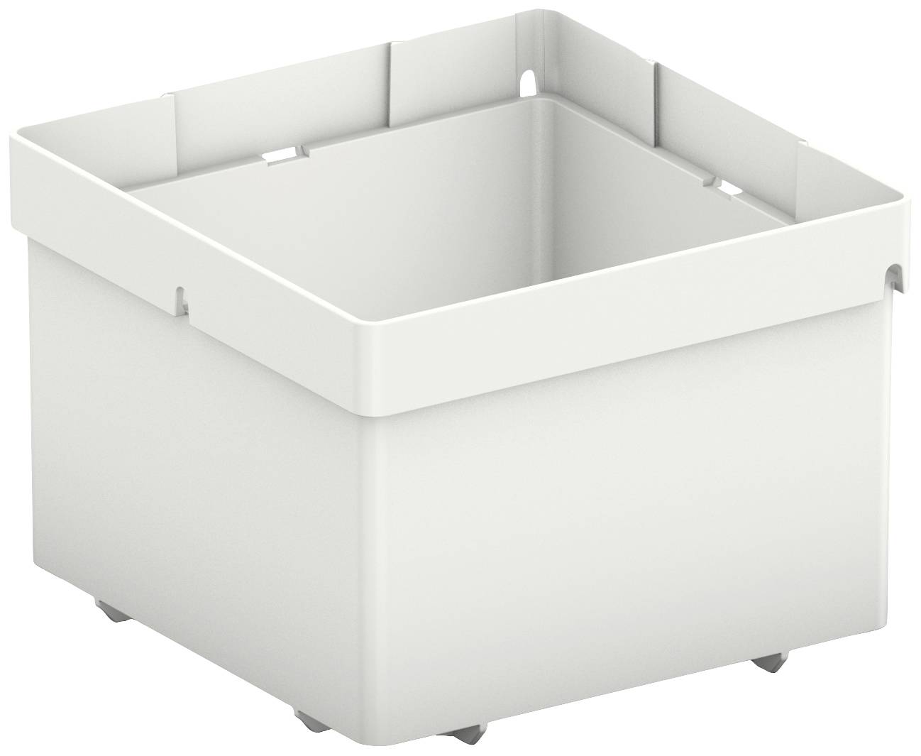 Una scatola bianca quadrata in plastica con pareti laterali lisce e piccoli piedini sul fondo. Non ha maniglie visibili.