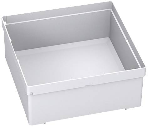 Scatola vuota in plastica bianca, quadrata, con bordo rialzato, aperta, su sfondo bianco.