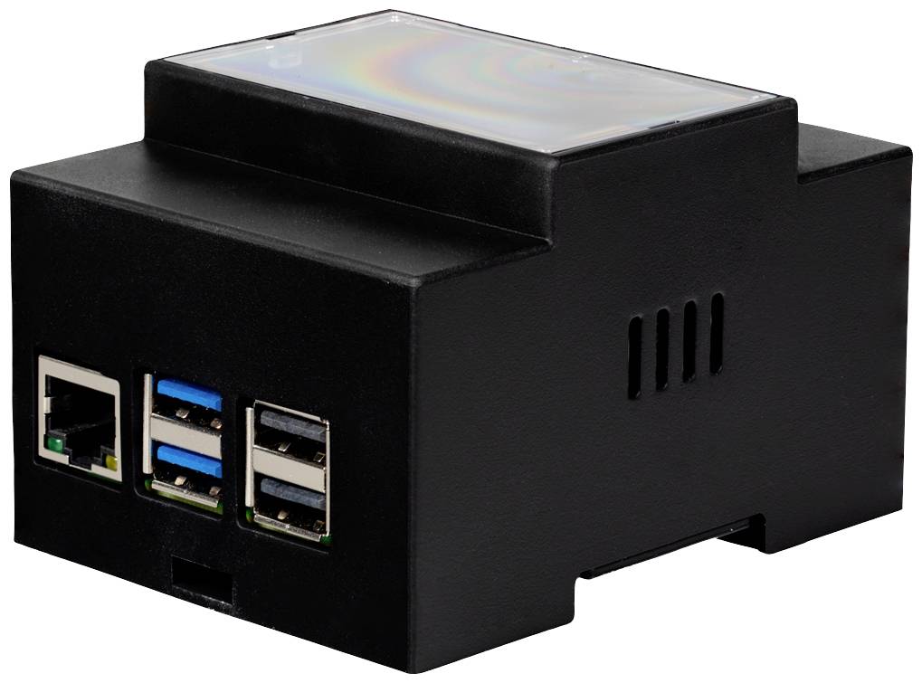 Un piccolo involucro nero con più porte USB e una porta Ethernet, presumibilmente per un dispositivo tecnico.