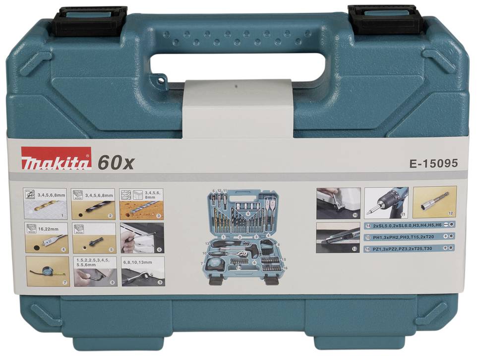 Valigetta degli attrezzi Makita, blu, con manico e chiusure, contiene un set di 60 bit, punte e accessori per diverse applicazioni.