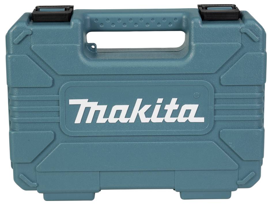 Una custodia in plastica turchese Makita con maniglia, con il logo Makita in evidenza sulla parte anteriore.