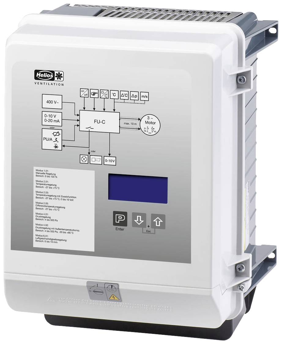 Unità di controllo per sistemi di ventilazione con display digitale e pulsanti di comando. Scritta: 'Helios Ventilation'. Diagramma di collegamento visibile.