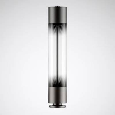 Una lampada da terra cilindrica, moderna, in metallo e vetro con design minimalista e parte centrale trasparente, in posizione verticale.