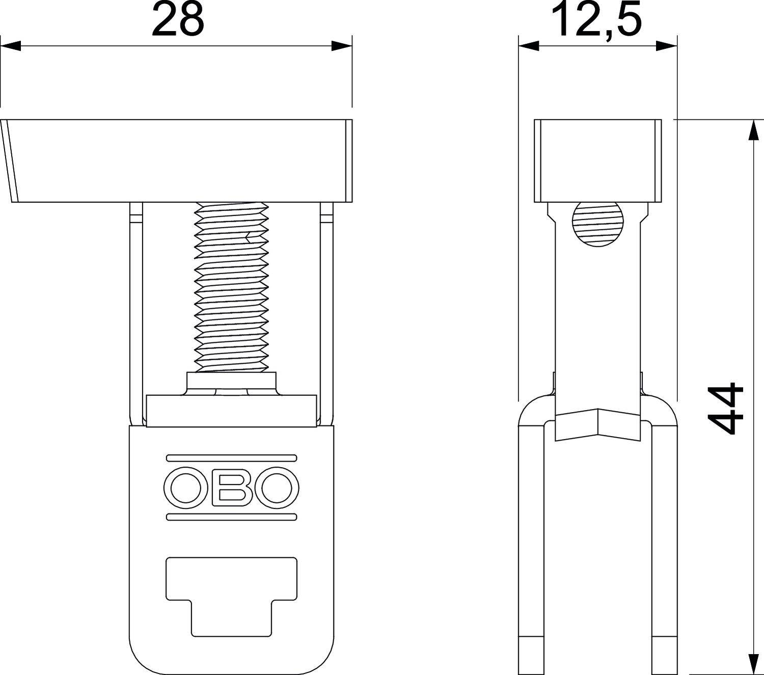 Disegno di un progetto edilizio; due viste di un componente con dimensioni di 28 mm di larghezza, 44 mm di altezza e 12,5 mm di profondità, contrassegnate con 'OBO'.