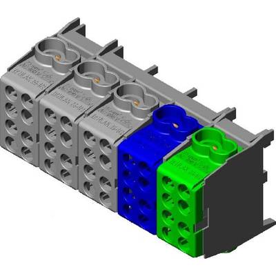 Rappresentazione tecnica di un sistema di morsetti di connessione multipolari, con componenti grigie, blu e verdi disposte in linea.