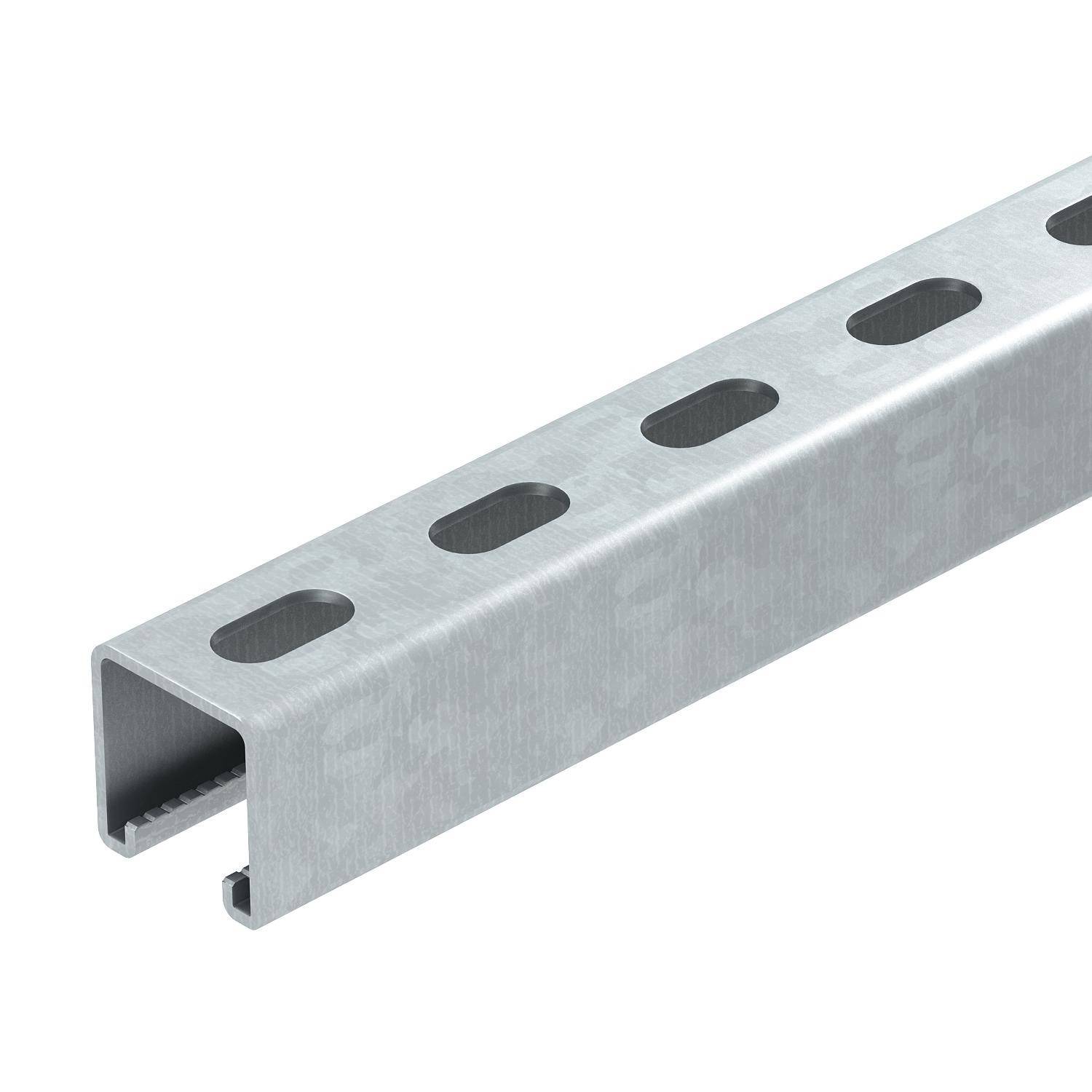 Profilo metallico con sezione rettangolare, dotato di diversi fori ovali sul lato superiore, utilizzato per fissaggio e supporto.