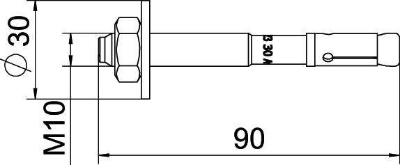 Diagramma di un ancoraggio a vite: Filettatura M10, lunghezza 90 mm, larghezza 30 mm. Vista laterale con quote.