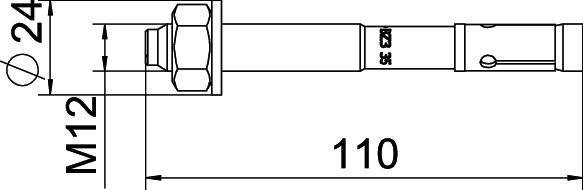 Disegno tecnico di un ancoraggio a espansione. Misure M12, lunghezza 110 mm, con diametro di 24 mm nell'area della testa.