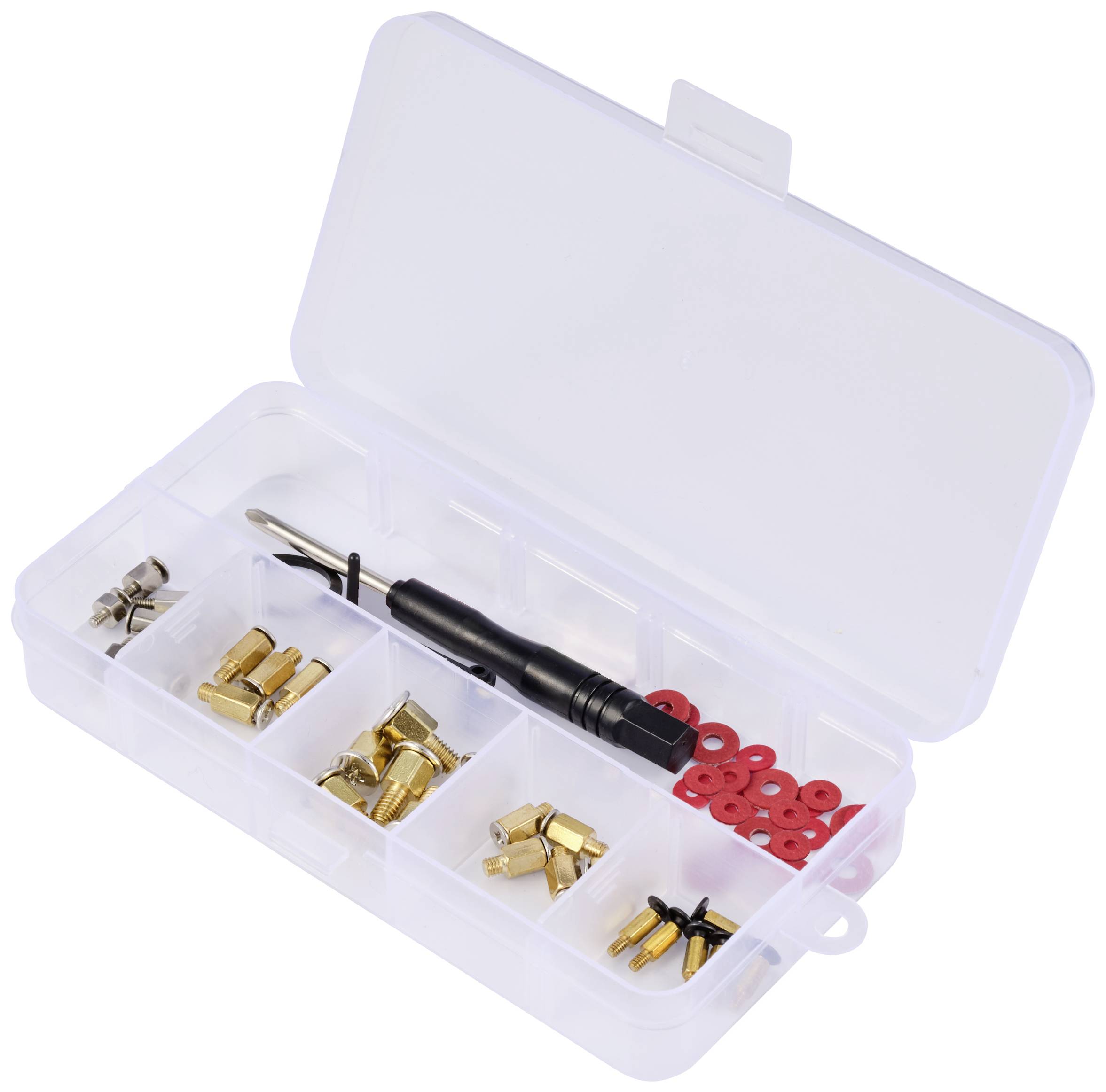 Un involucro trasparente in plastica con un cacciavite, parti metalliche dorate e argentate, e anelli rossi in plastica in scomparti separati.