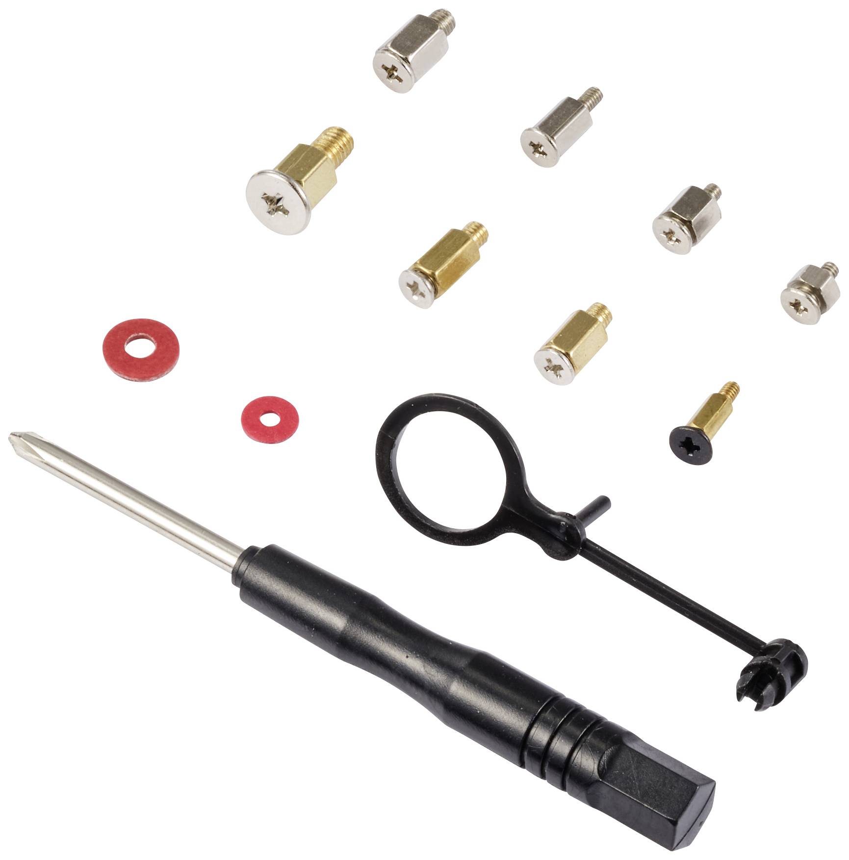 'Un set di attrezzi contiene un cacciavite, diverse punte in varie dimensioni, rondelle e un anello nero.'