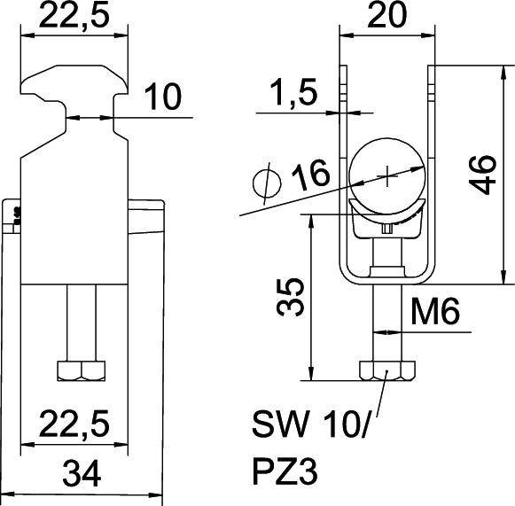 Disegno tecnico di un collegamento filettato con misure in millimetri, comprensivo di larghezza, altezza e dimensione della testa della vite.