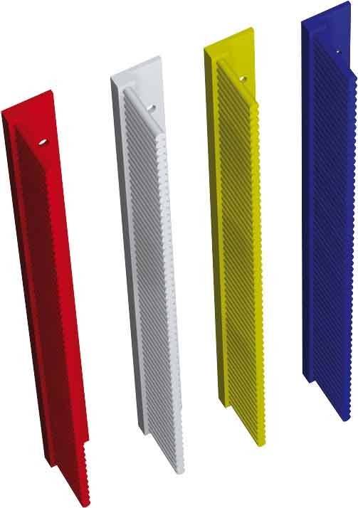 Quattro strisce di plastica seghettate, una accanto all'altra, nei colori rosso, bianco, giallo e blu.