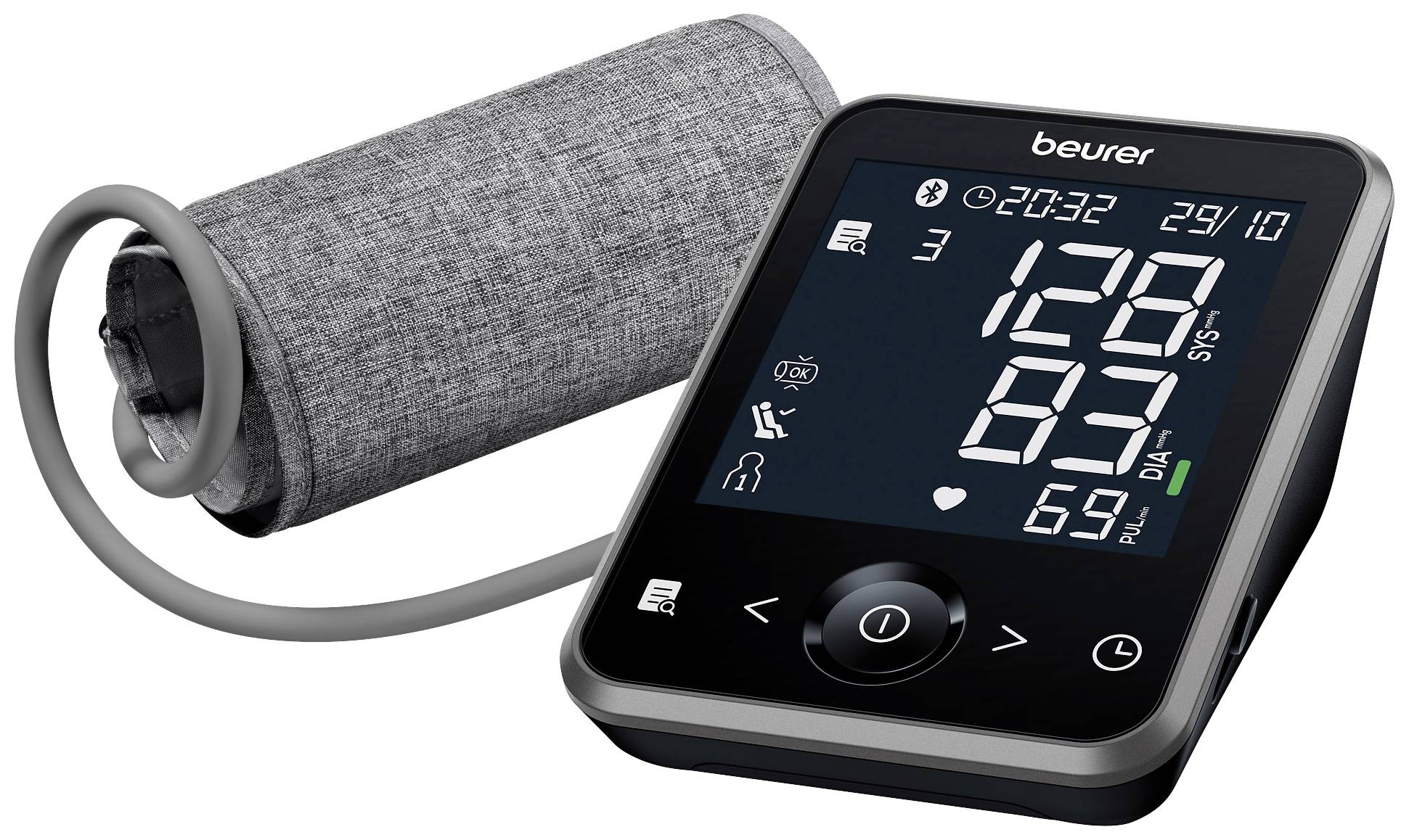 Misuratore di pressione elettronico Beurer con display grande che mostra la pressione sistolica (128) e diastolica (83), nonché la frequenza cardiaca (69).