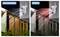 Link: Telecamera di sicurezza in modalità a colori pieno illumina l'area con luce bianca. Destra: La stessa telecamera in modalità infrarossi con luce rossa.