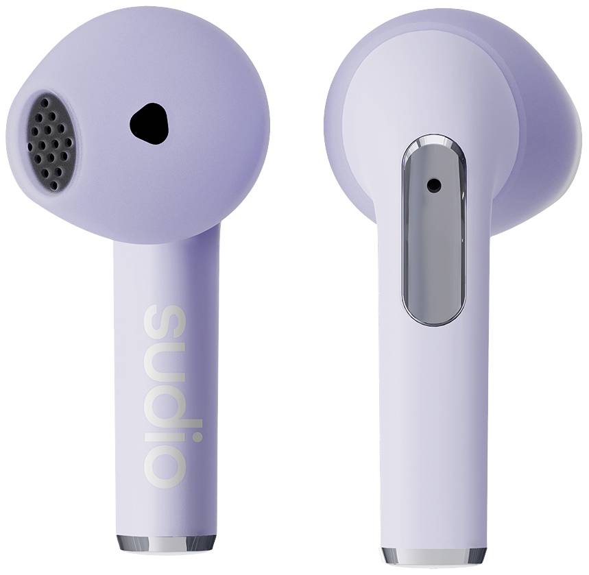 Auricolari wireless viola con dettagli lucenti e logo su un padiglione auricolare. Perfetti per ascoltare musica in movimento.