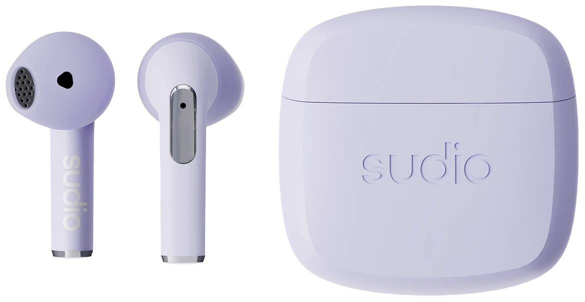 Auricolari wireless viola con un apposito astuccio di ricarica, entrambi stampati con il marchio 'sudio'.